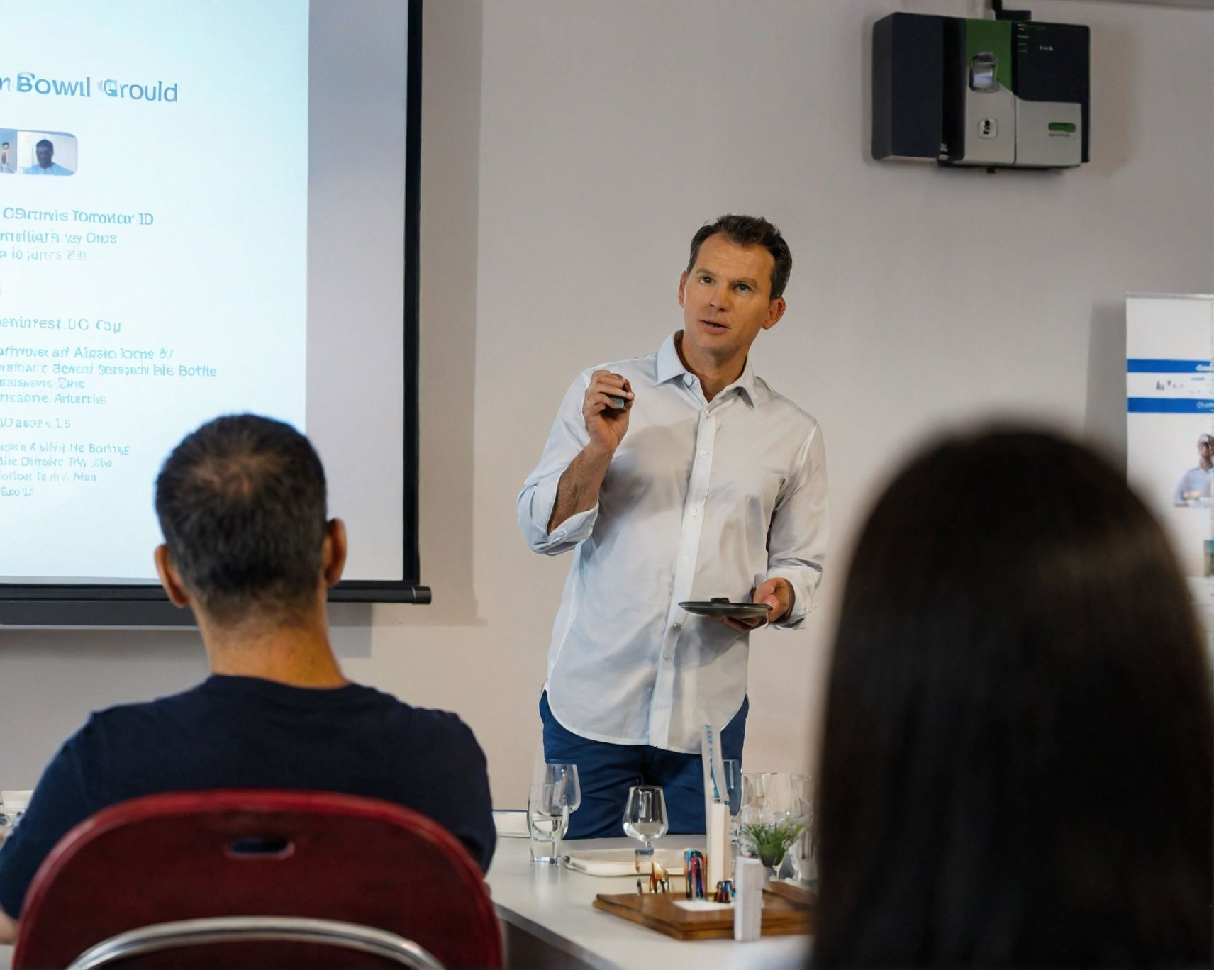 Man giving a presentation in a conference room with audience members seated at a table.