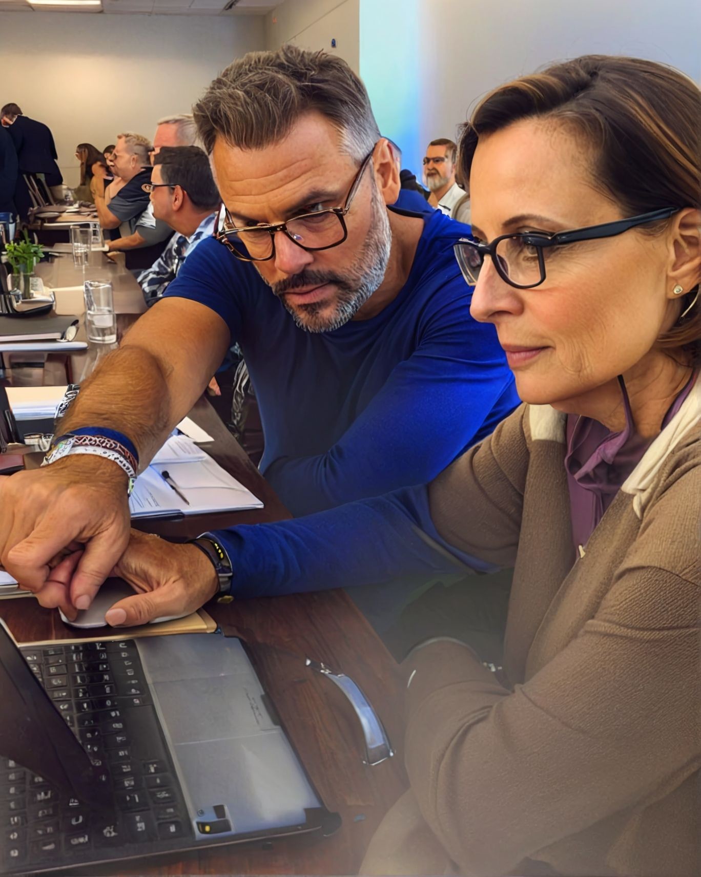 Two people at a conference room table looking at a laptop screen and discussing.