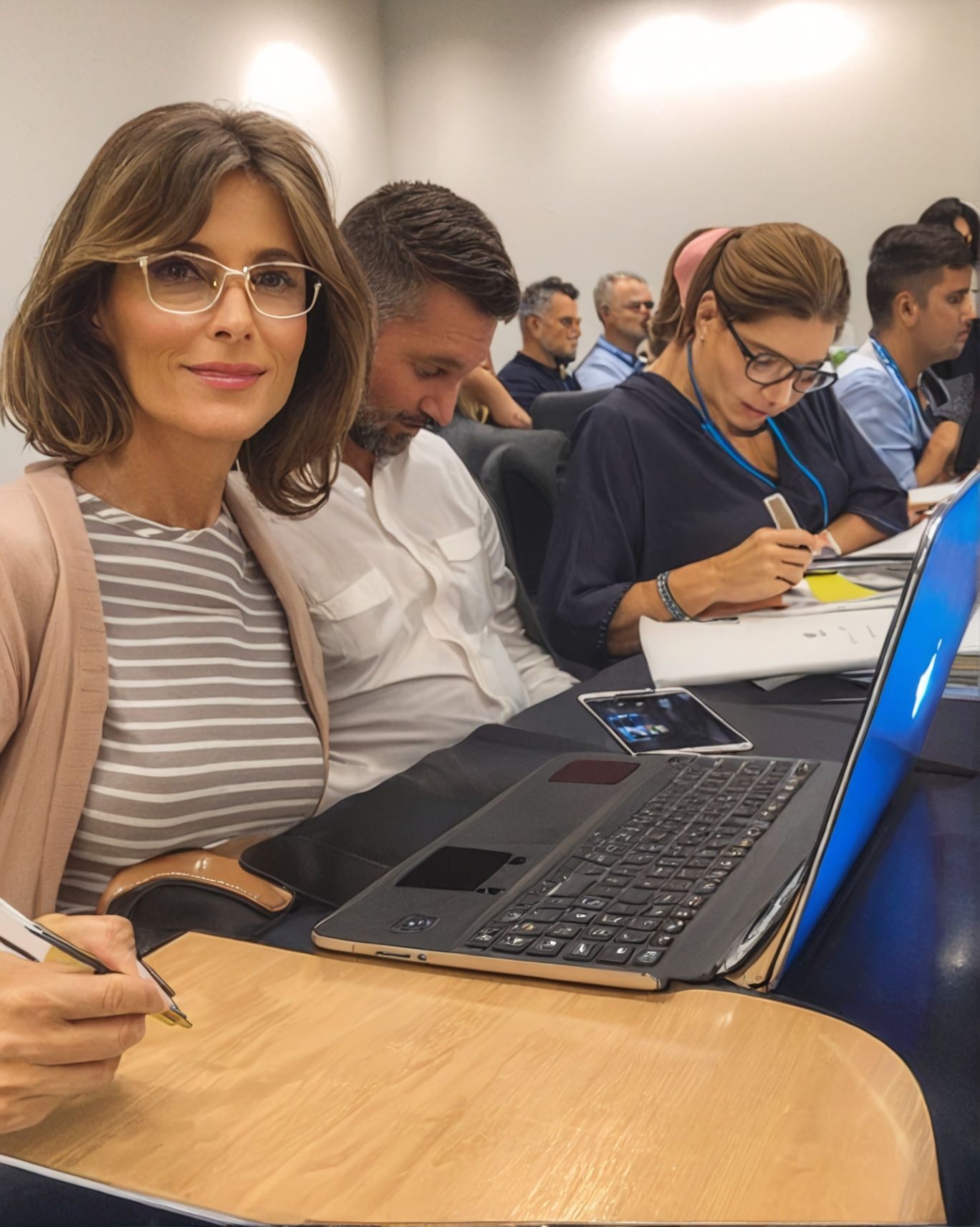 People sitting at a conference table, taking notes and using a laptop with a smartphone nearby.