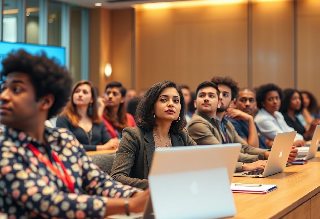 Group of people seated at a conference room table with laptops, attending a seminar or workshop.