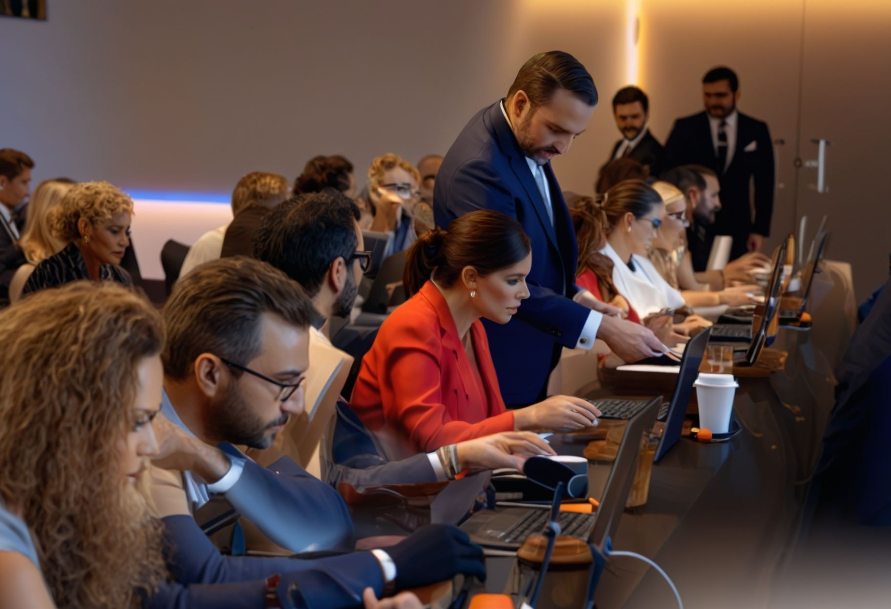 Business conference with attendees working on laptops, engaging in discussion, and a speaker assisting participants.