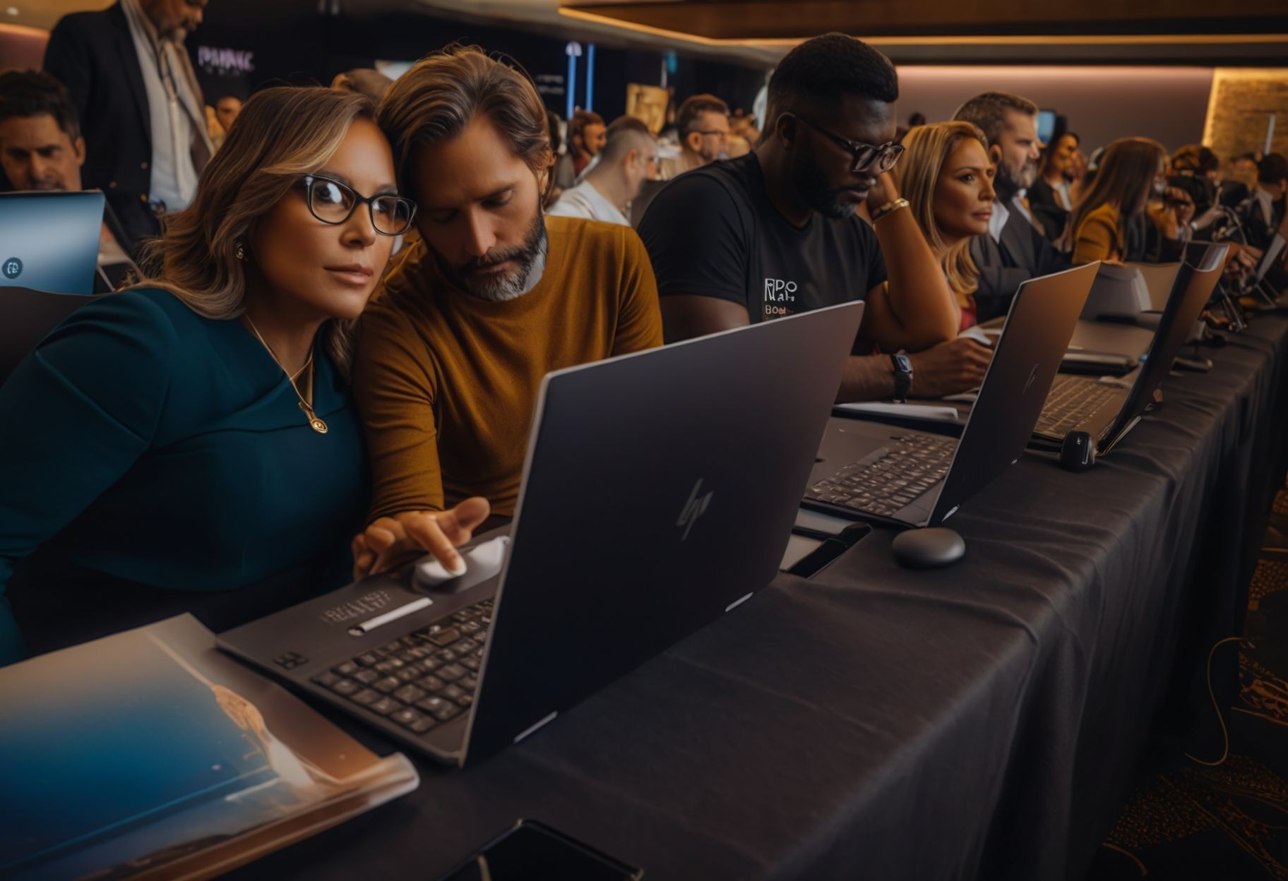 Group of focused people at a conference, working on laptops at a long table.